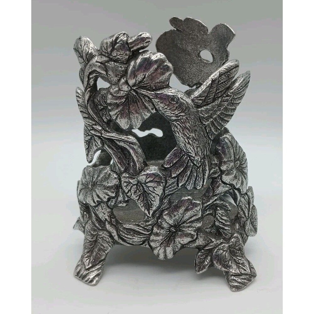 VTG 90s Carson Pewter Hummingbird Jar Candle Holder Yankee Candle Flowers 1996